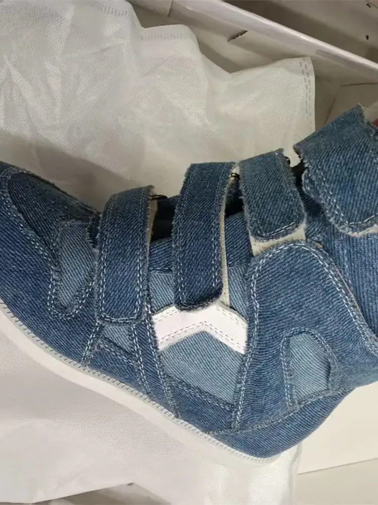European and American Style Velcro Invisible Height-Increasing Women's Shoes, 8cm Wedge Heel, Color-Blocked Sports Casual Shoes, Genuine Leather High-Top Shoes