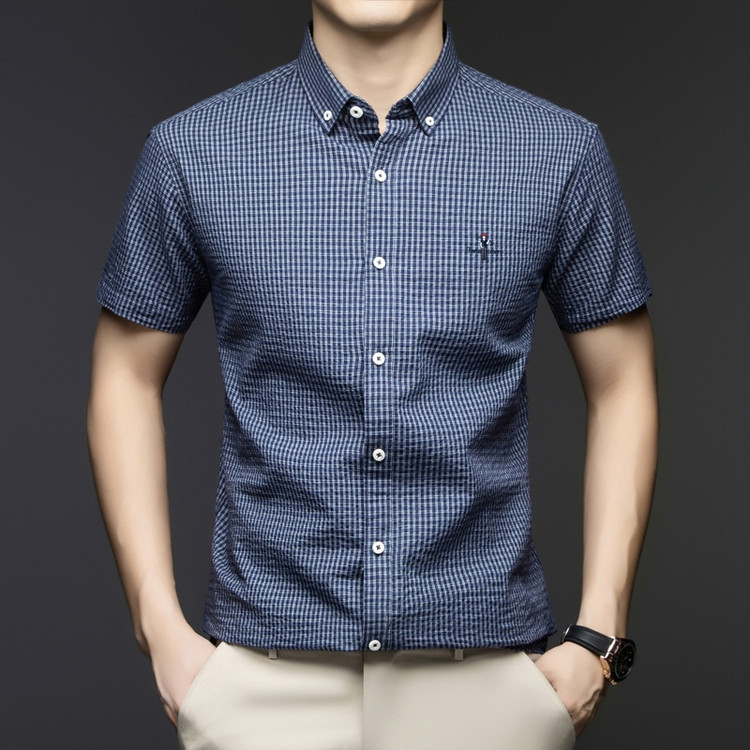 100% Pure Cotton High-End Men's Short-Sleeved Shirt 2026 Summer New Style Business Casual Plaid Shirt for Young and Middle-Aged Men