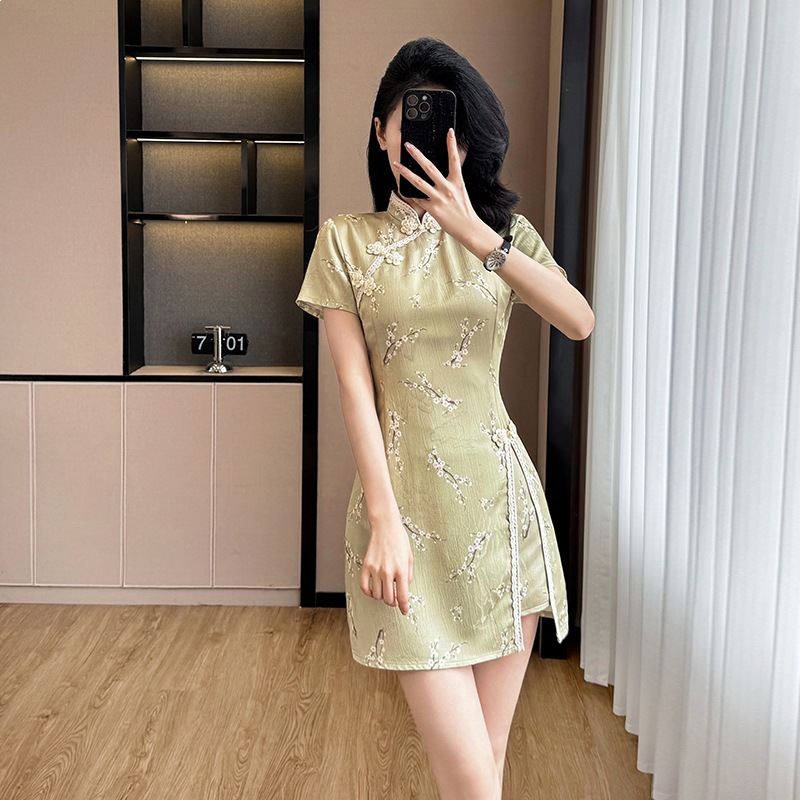 Actual Shot of the New Summer Style Jacquard Lace Splicing Sweet Floral Improved Cheongsam Dress and Shorts Two-Piece Set