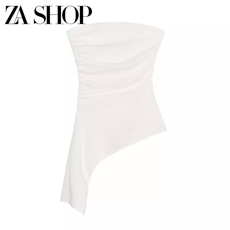 2025 Summer Women's Asymmetrical Ruched Textured Off-Shoulder Tube Top Straight Neck Wrap-Style Top 3644317