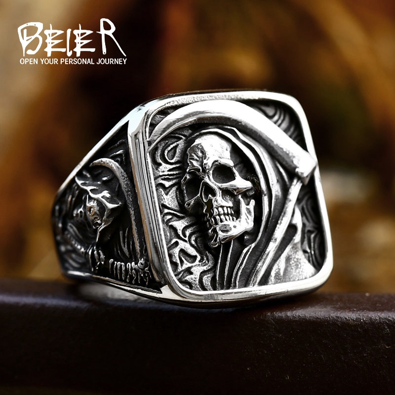 beier cross-border new stainless steel men's ring wholesale European and American punk hip hop death skull ring manufacturer