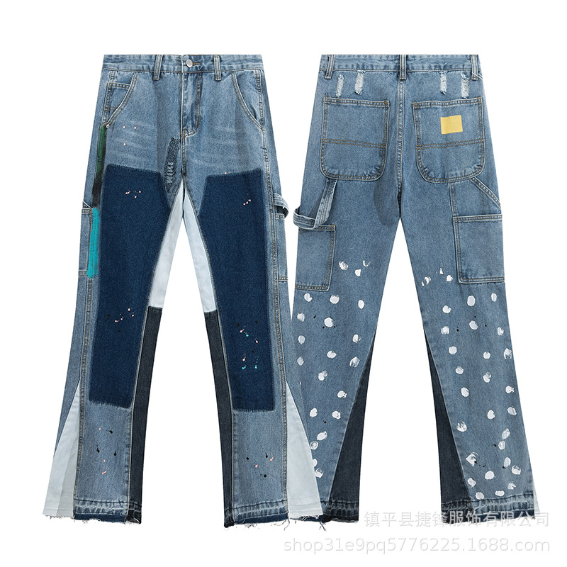 European and American fashion High Street splash-ink stitching flared jeans High Street Men's and women's loose mop straight trousers fashion QC-foto från 1688 på Qualit.ly