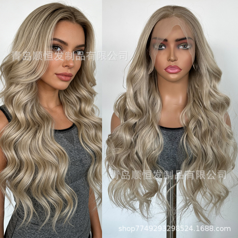 Xiyin European and American Style Wig, Gradient Golden Long Curly Hair, Wavy Wig with Front Lace 13*4, Synthetic Fiber, Cos Factory In-Stock
