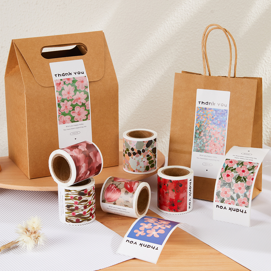 Floral Thank You Packaging Stickers Fresh Style Rectangular Self-Adhesive Stickers