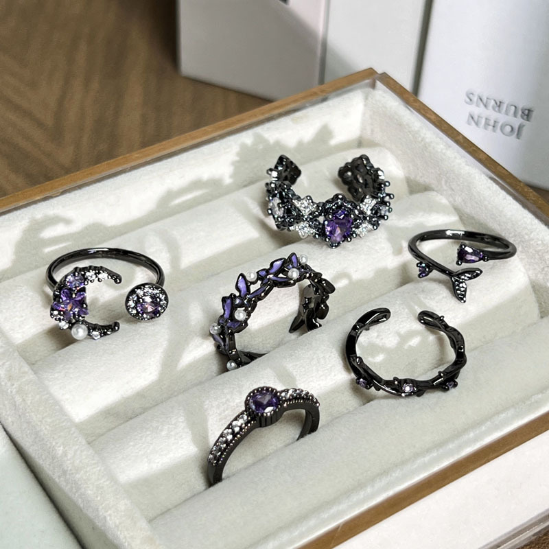 European and American Stylish Dark Purple Diamond High-End Open Ring Female Punk Fashion Star and Moon Butterfly Geometric Accessible Luxury Ring