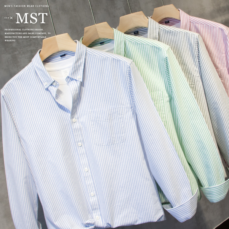In stock simple vertical stripes solid color lapel men's cotton shirt Korean casual long-sleeved thin coat wholesale