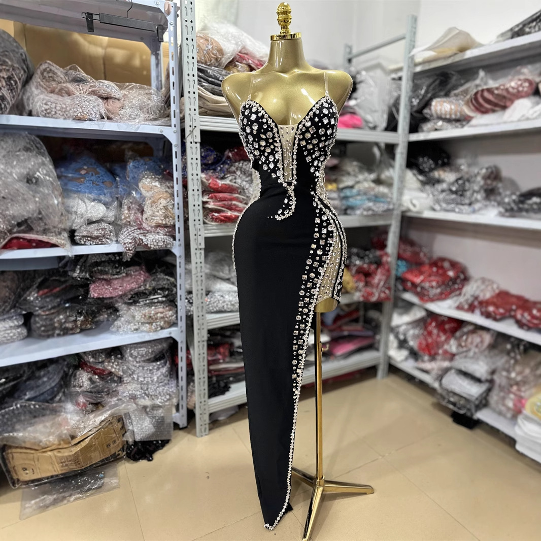 Spring 2025 Women's Heavy Diamond-encrusted Sexy Sleeveless Strapless Slim-fit V-neck Three-dimensional High-end Gown