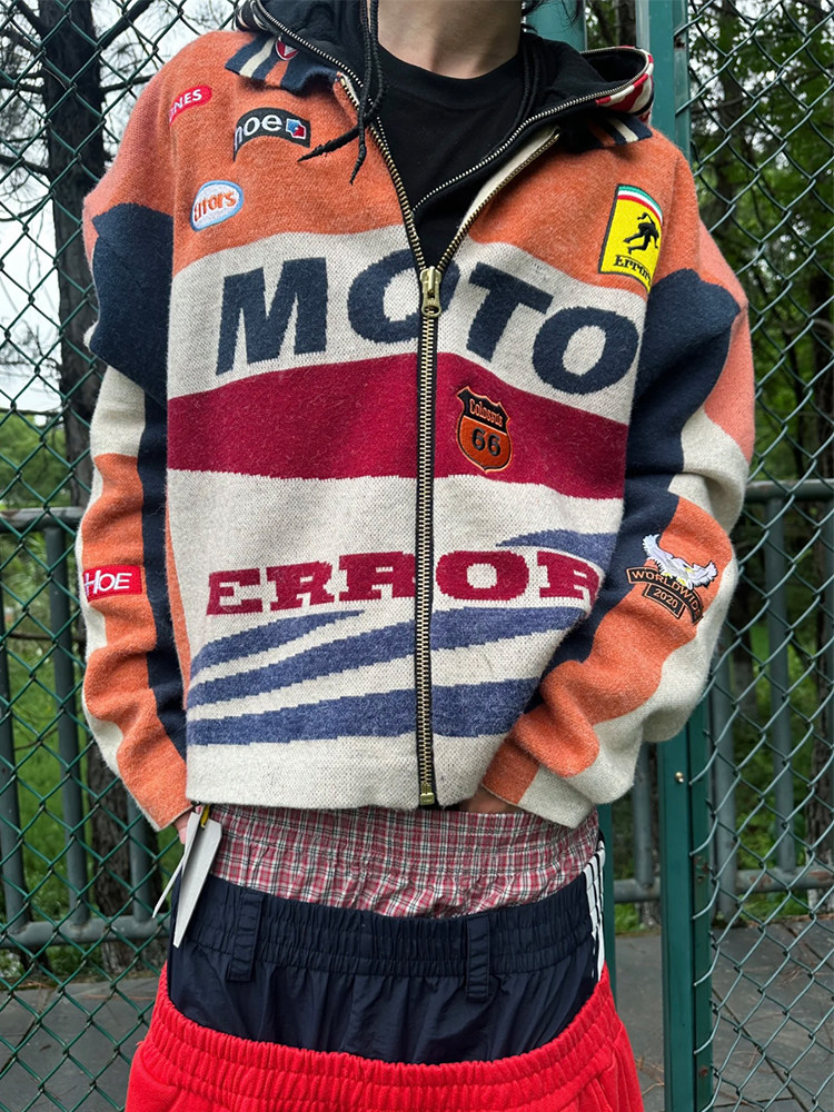 House of Errors Heavyweight Niche Knitted Motorcycle Racing Suit Sweater Jacket Cardigan for Men