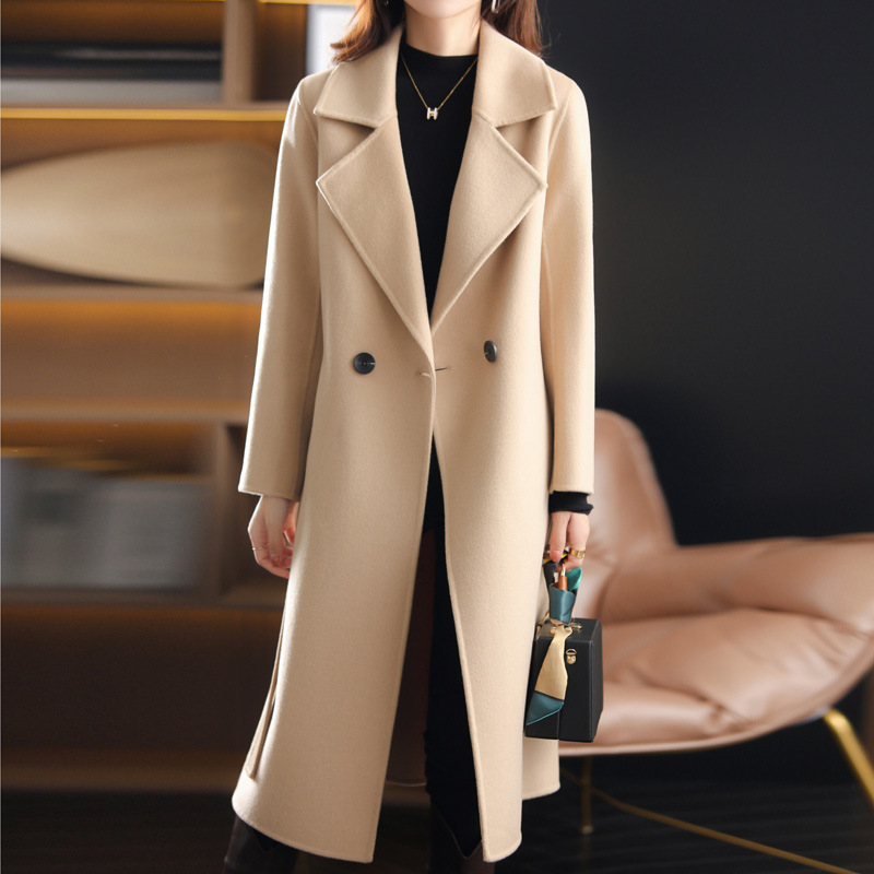 2024 New Autumn and Winter Long Wool Coat Women's Solid Color Wool Wool Long Belt Suit Collar Coat