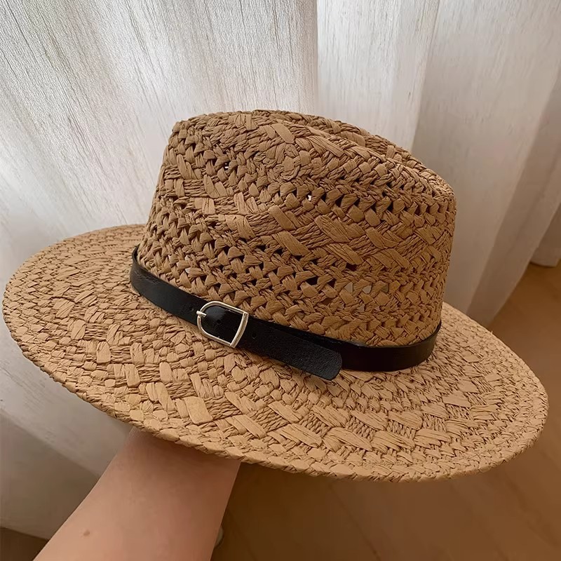 Retro Panama Style Cut Out Woven Straw Hat for Women 2025 Summer Large Brim Sun Protection Hat Seaside Vacation Sun Hat