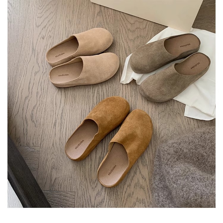 ROW Style Bokken Shoes Women's Soft-faced Lazy-head Baotou Slippers Women's Outer Wear Slip-on Platform Bokken Shoes Half Slippers