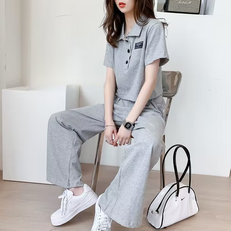 Casual Sports suit Women's 2024 Summer New Online Popular Wear Short Top Wide Leg Pants Two-piece Fashionable Trendy