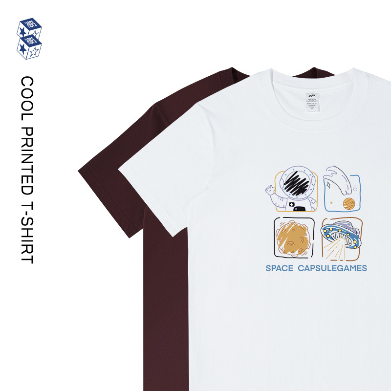 Men's Summer 230g Cosmic Graffiti Print T-Shirt, Men's Round Neck Trendy Brand Short-Sleeve Casual Stylish Base Shirt, Women's Ins Style