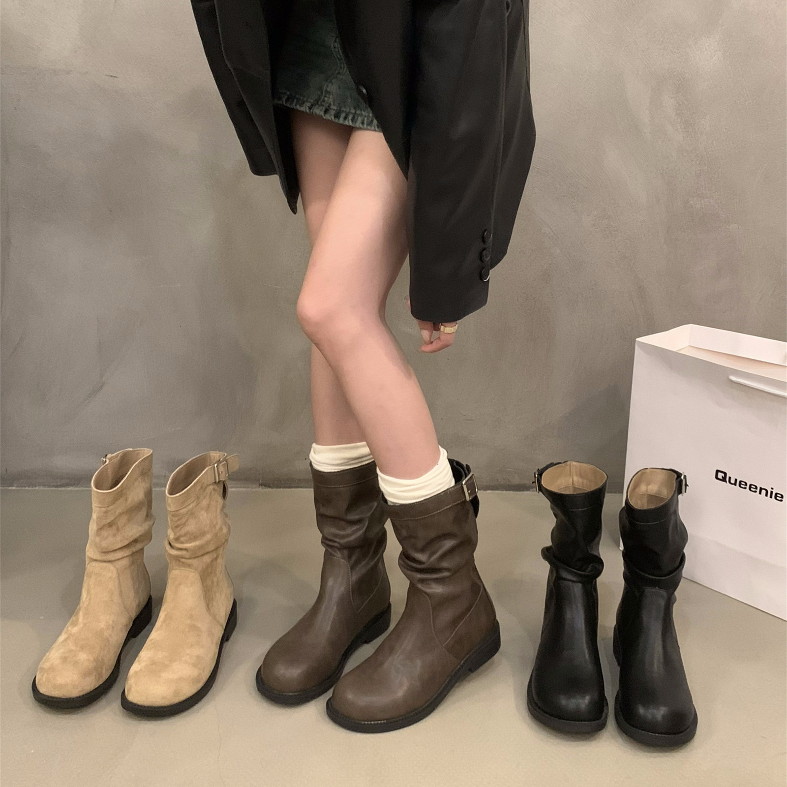 Thick Heel Retro Mid-Calf Boots Knight Boots Women's Shoes 2025 New Autumn and Winter Pile Short Boots Boots