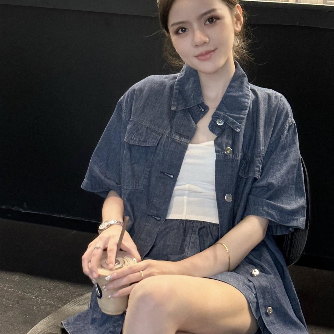 2026 New Summer Style Casual Versatile Lapel Short-Sleeved Imitation Denim Shirt Elastic High-Waisted Wide-Leg Shorts Two-Piece Set
