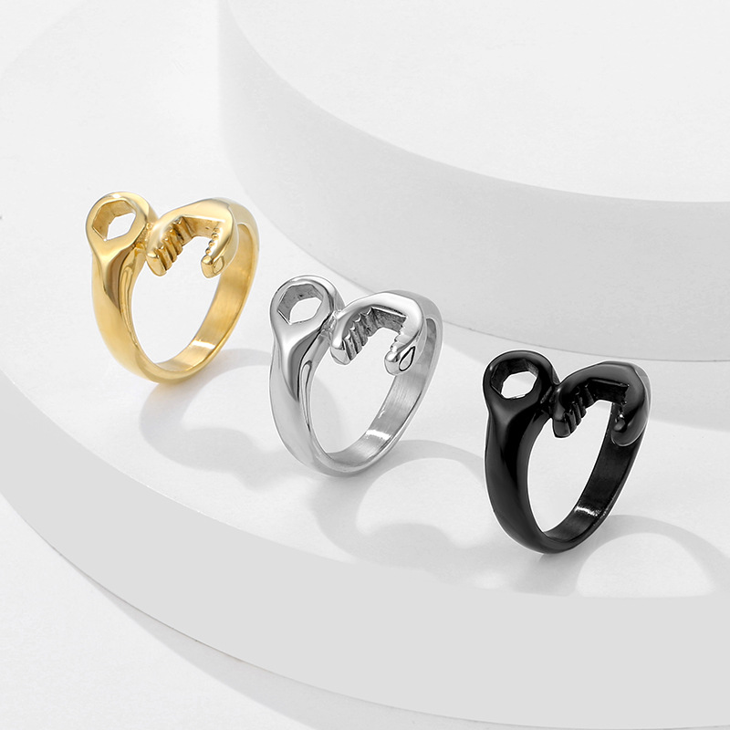 European and American Creative Titanium Steel Casting Ring Hip-Hop Domineering Punk Men's Stainless Steel Wrench Ring Trendy and Cool Jewelry