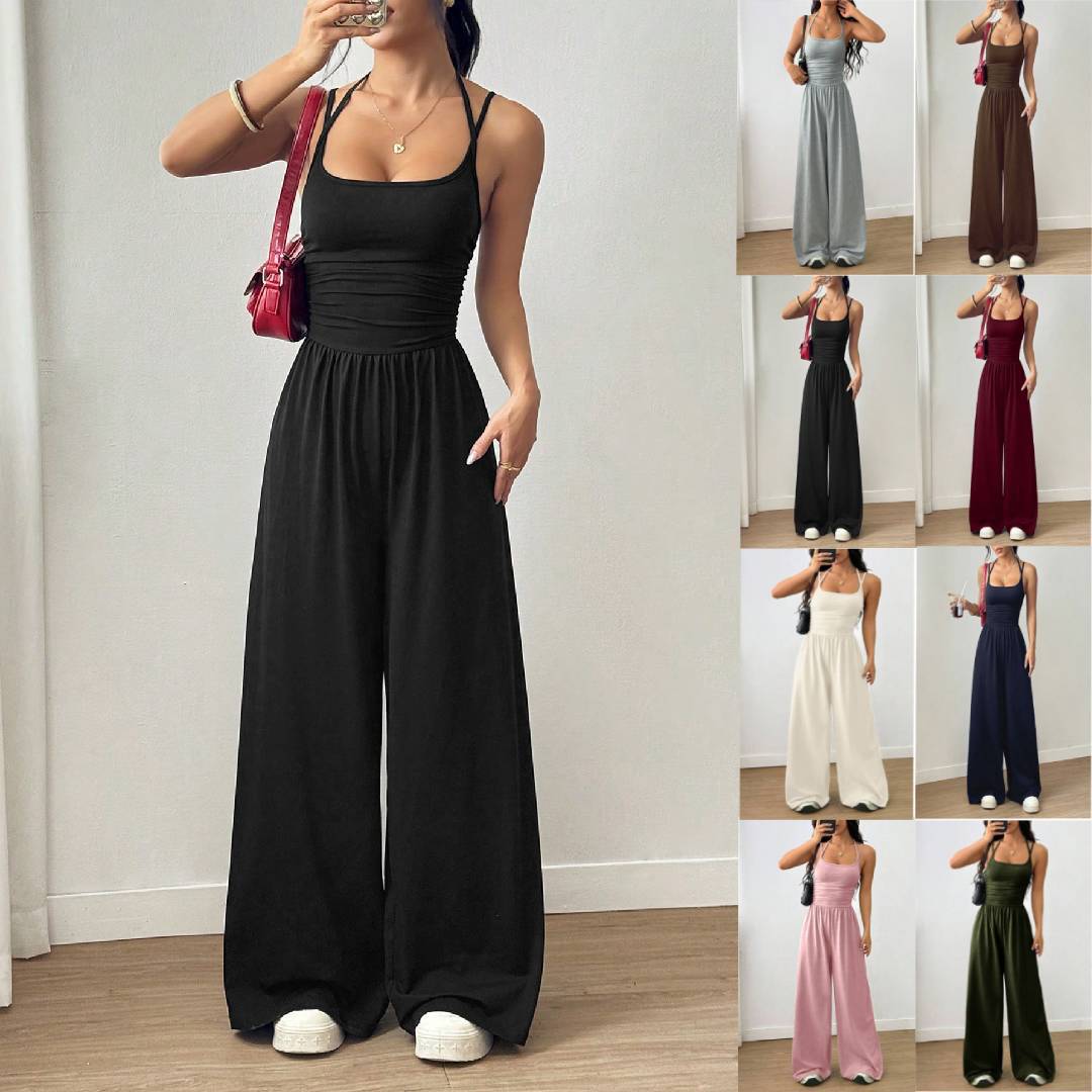 Amazon European and American Cross-Border New Solid Color Spaghetti Strap Women's Casual Strapless Jumpsuit Summer Wide-Leg Loose Fit
