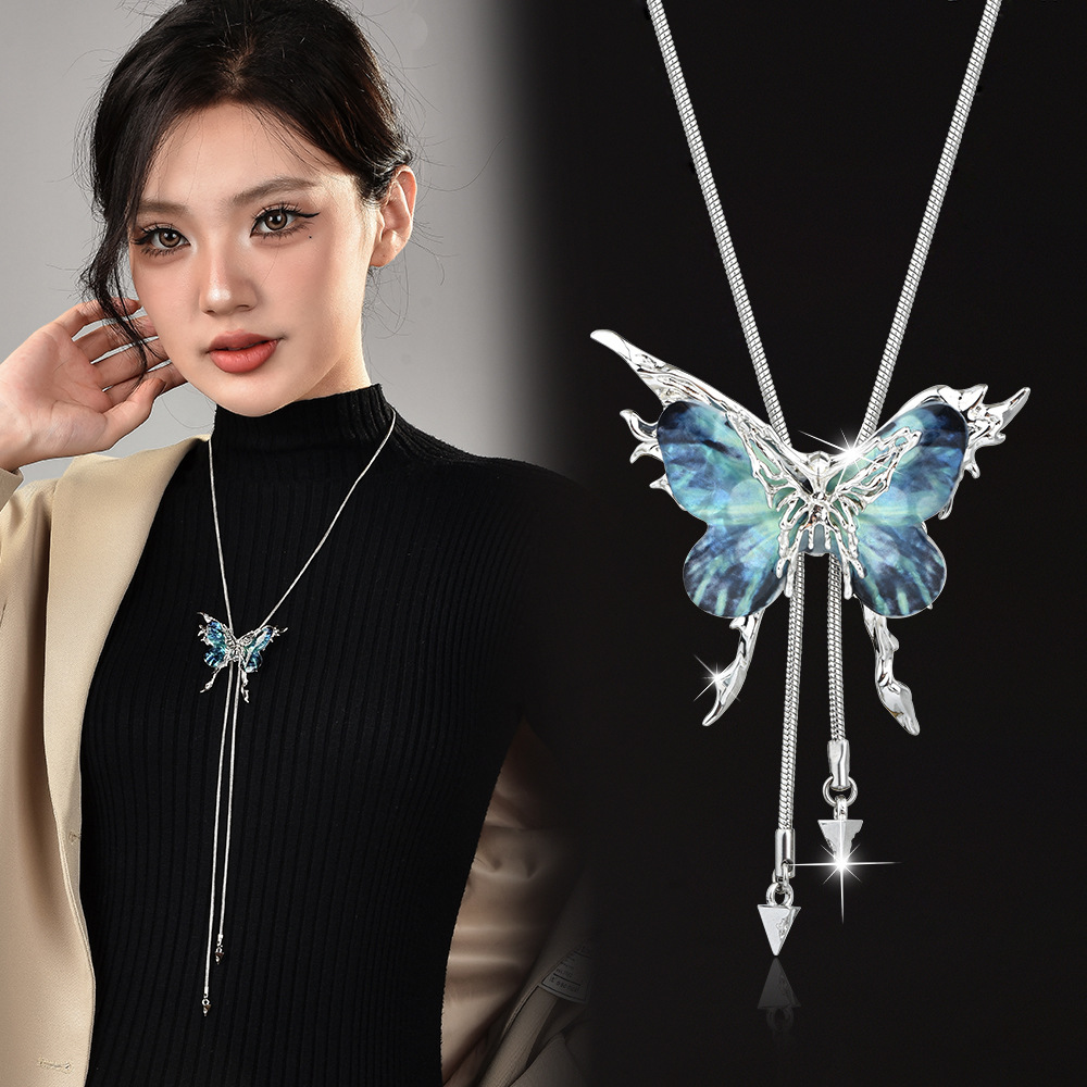 Factory Direct Sales Blue Butterfly Tassel Necklace Replaceable Butterfly Piece Classy Pull Adjustable Fashionable Sweater Chain Wholesale