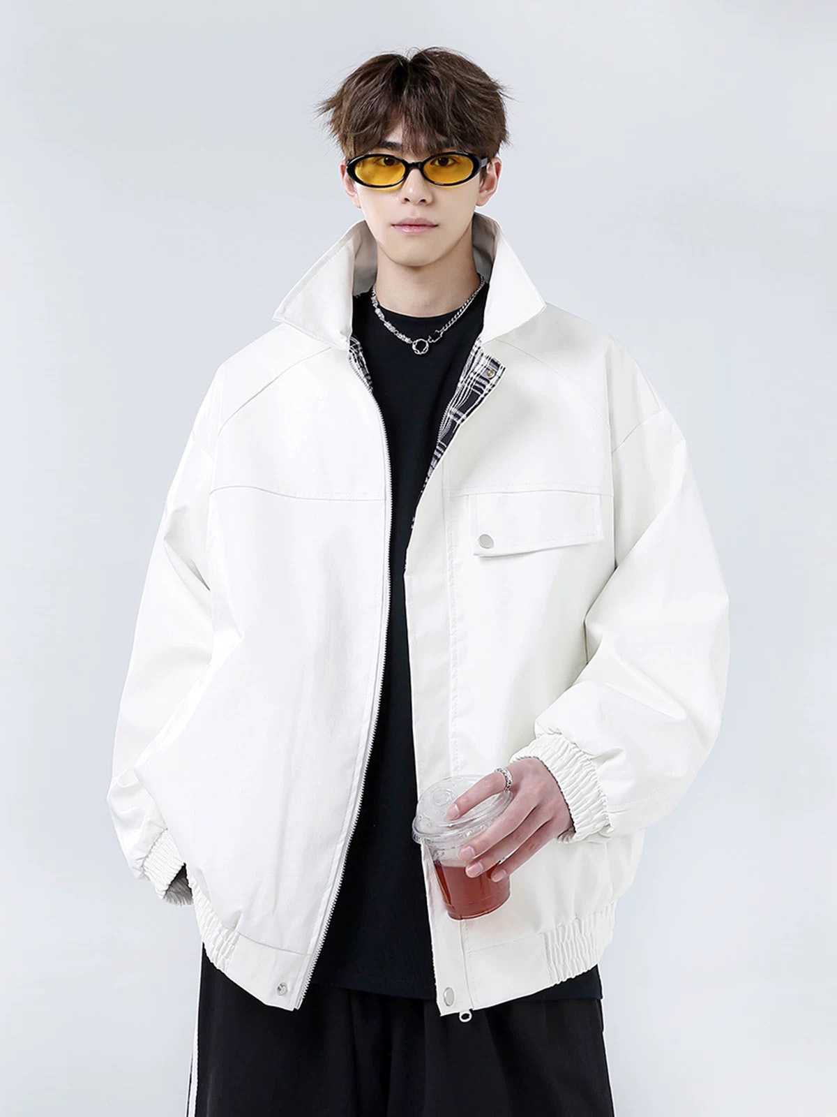 Double-sided Spring and Autumn New Lapel PU Leather Jacket Men's Riding Motorcycle Leather Jacket Men's American Style Street Retro Jacket Trendy