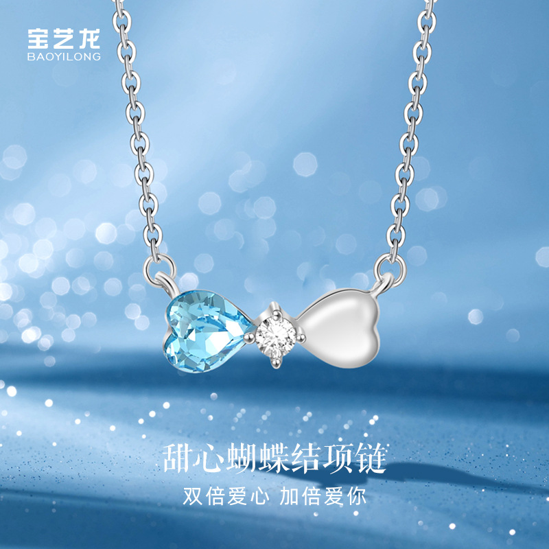 Cross-Border Sweetheart Bowknot Women's 925 Sterling Silver Necklace with Light Luxury High-End Feel, Inlaid with Diamonds and Crystals, Cross Chain, Heart Pendant