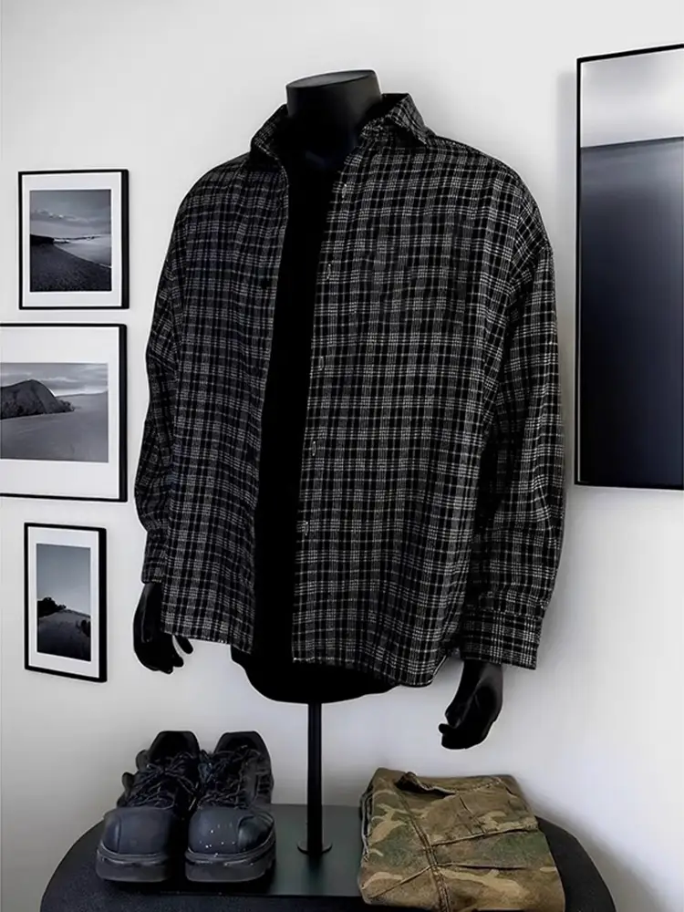 Cleanfit Black Long-Sleeved Plaid Shirt Men's High-Bottom Plaid Bottoming Top Men's Casual Jacket