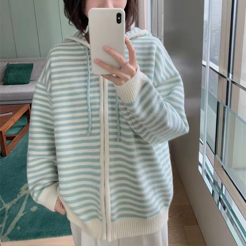 Striped Hooded Knitwear Cardigan for Women 2025 Autumn and Winter New Japanese Style Preppy Style Loose Zipper Knitwear Jacket for Women