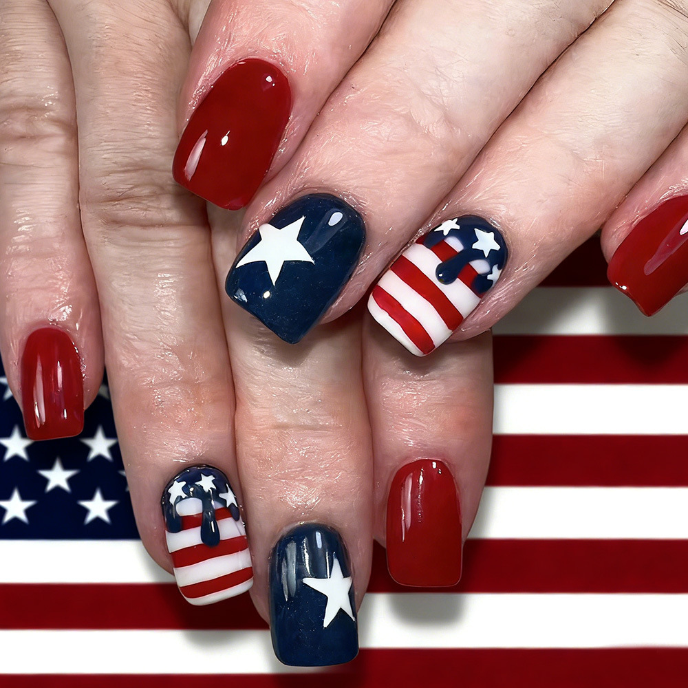 American Independence Day European-Style Square-Shaped Wearable Nails with Blue, Red, and White Five-Pointed Star Stripes, 24-Piece Detachable Fake Nails