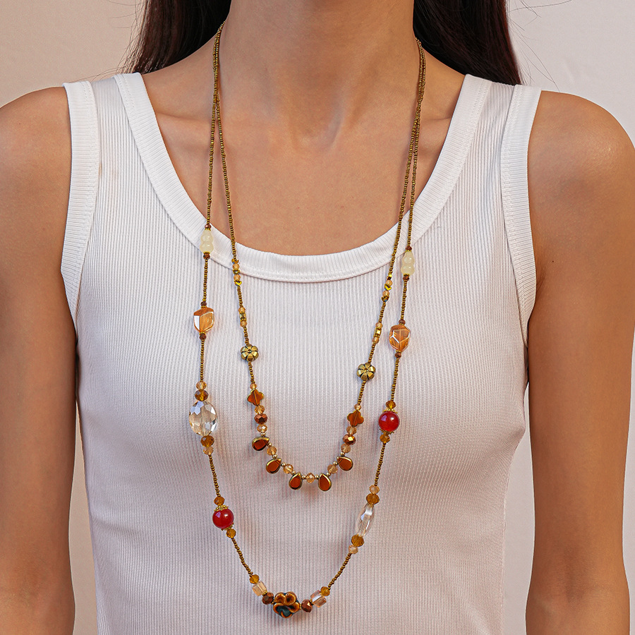 European and American Glass Resin Ceramic Water Drop Gourd Oval Flower Necklace Retro Stylish Niche High-End Necklace