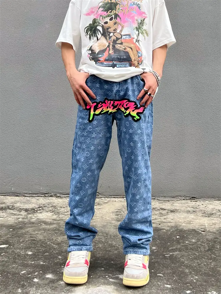 American high street flocking embroidery gradient jeans men ins tide loose straight full print logo pants