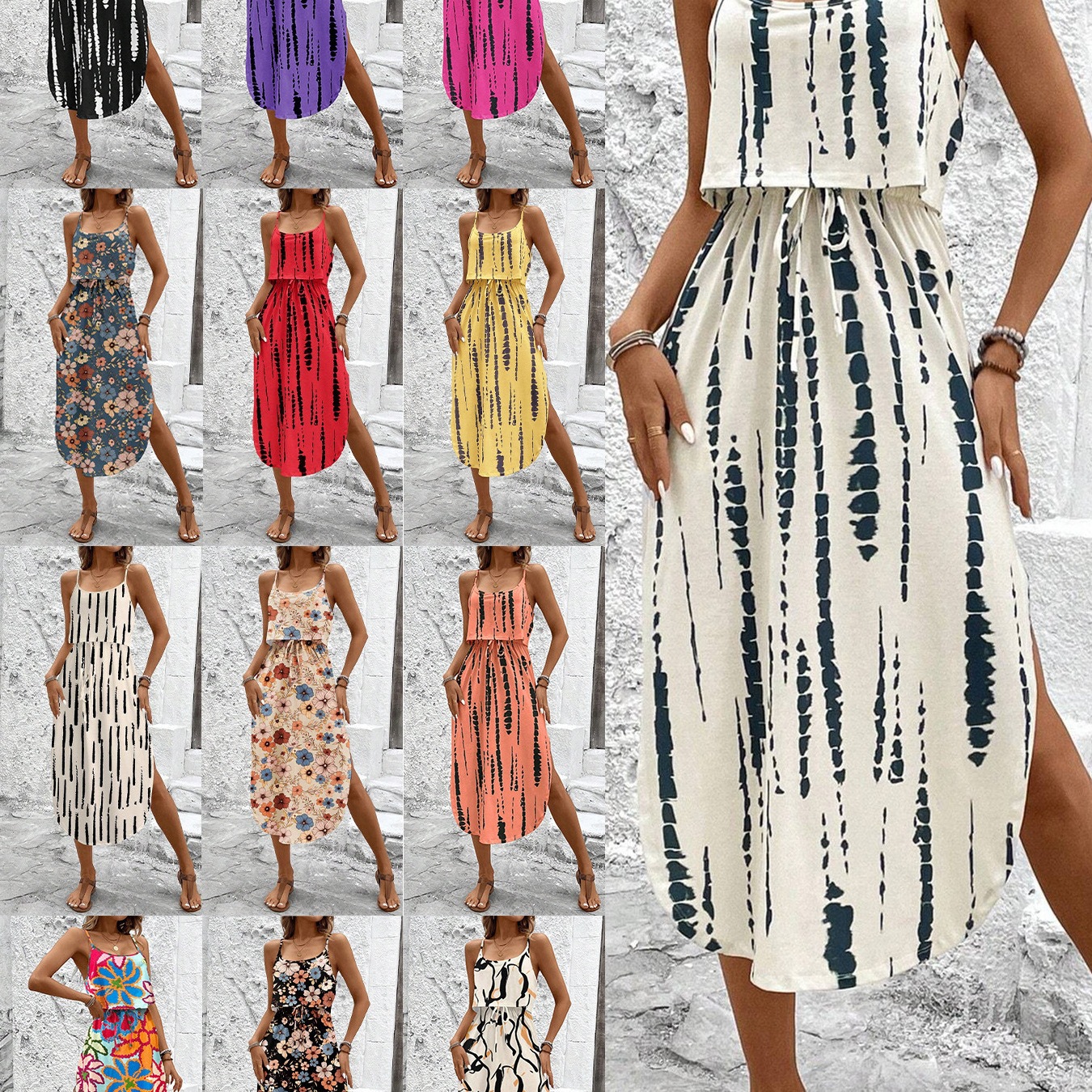 Plus-Size Printed Spaghetti Strap Dress, European and American Style, Tk Mexico Hot-Selling Vacation Style, Waist-Cinching, Slit, Mid-Length, Real Photos, in Stock