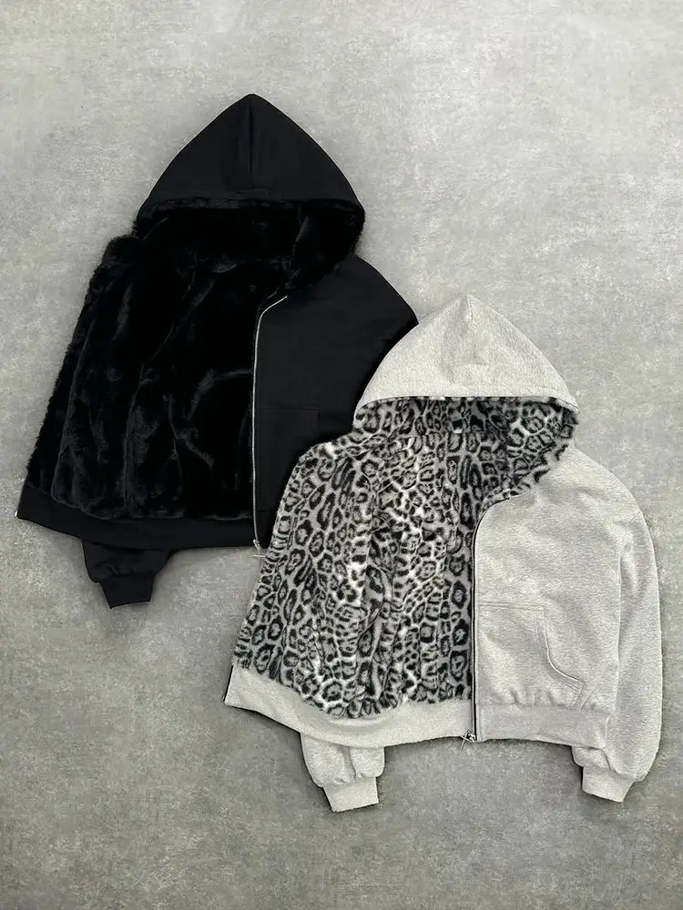 2025 New Autumn and Winter Fashionable and Warm European and American Retro Hooded Sweatshirt Leopard Print Zipper Loose Reversible for Men and Women