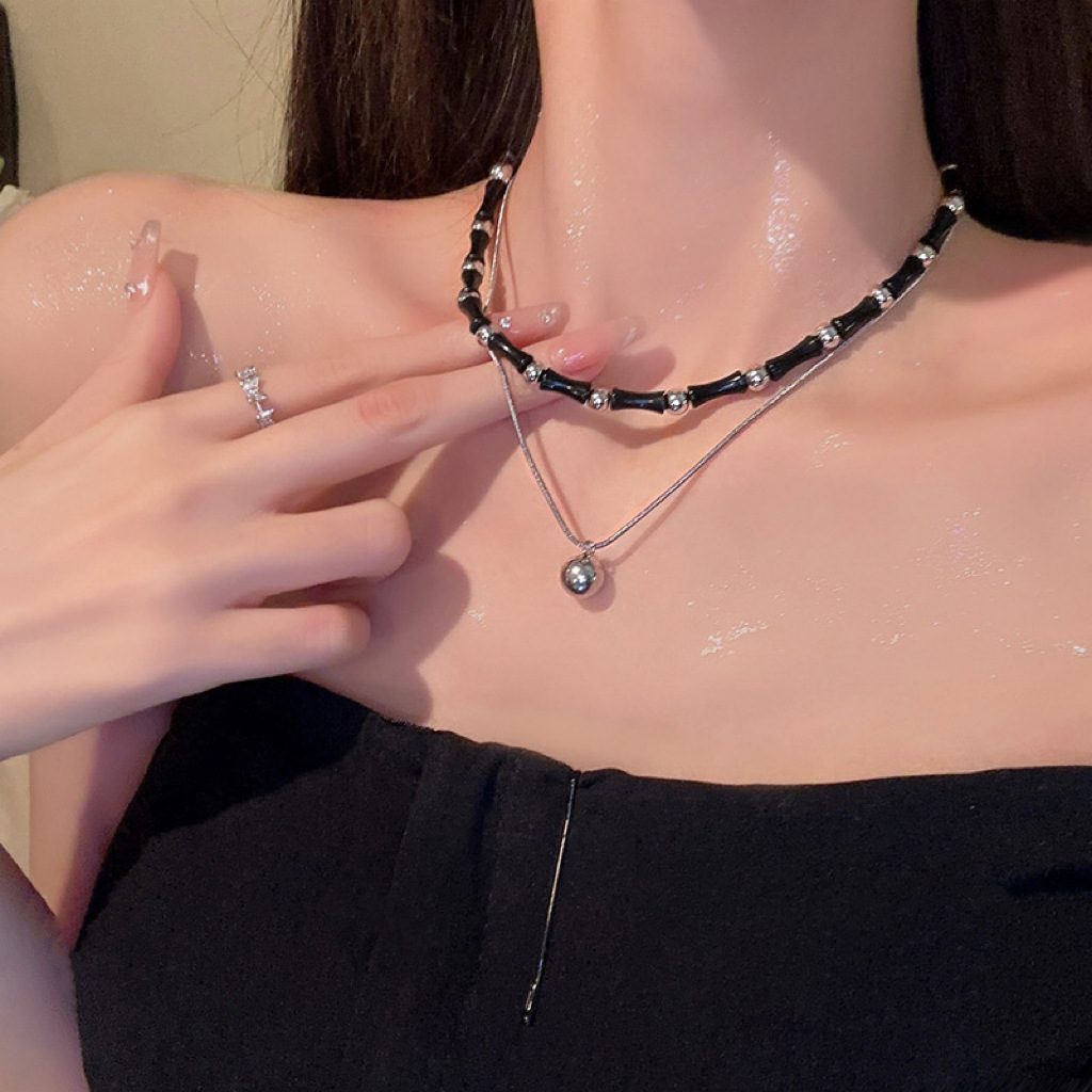 Mona Same Style Retro Black Bamboo Necklace Women's Titanium Steel Color-free High-end Ethnic Style Beaded Clavicle Necklace Chain