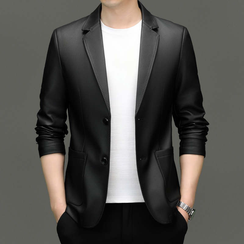 Solid Color Suit Collar Leather Men's 2024 Autumn New Puleather Suit Business Casual Dad Coat Top