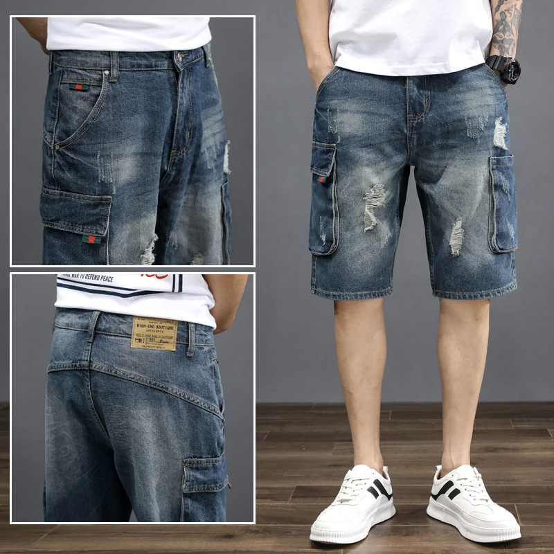 Trendy Brand Multi-Pocket Tooling Denim Shorts Men's Summer Loose Straight Half Pants with Holes Casual Large Size Shorts