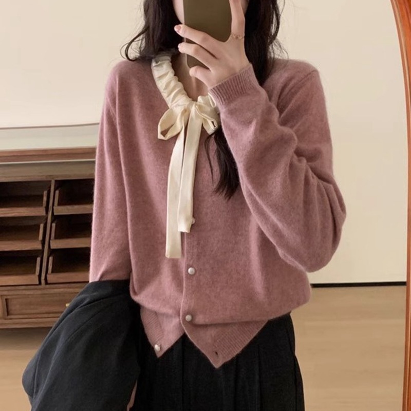 Bowknot Sweet Bear Fleece Sweater for Women, New Spring and Autumn Gentle Girlish Simple Ruched Knit Top Trend