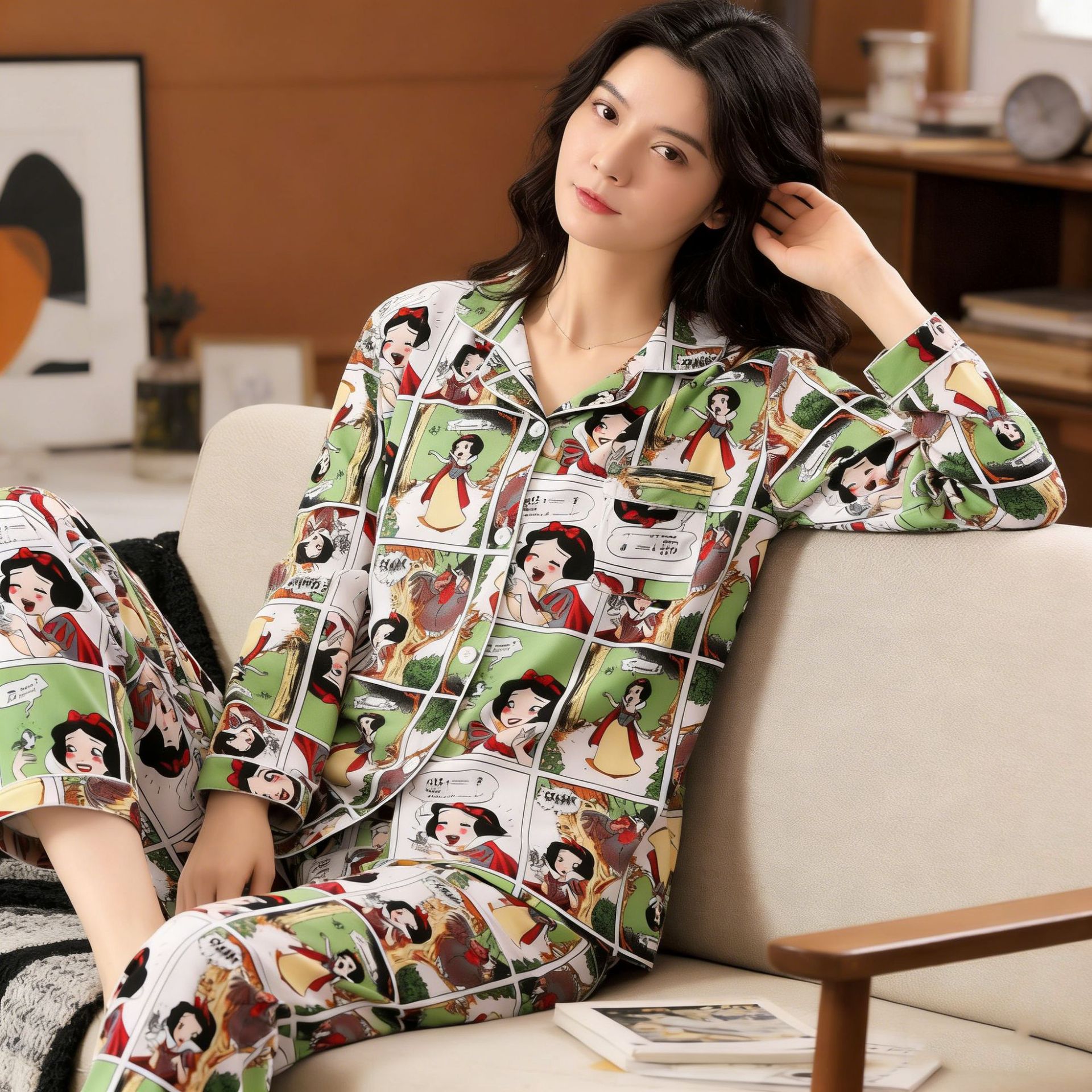 Cross-Border Wholesale Cute Cartoon Snow White Spring and Autumn Long-Sleeved Pajamas for Women, Cute Cartoon Plus Size Casual Suits