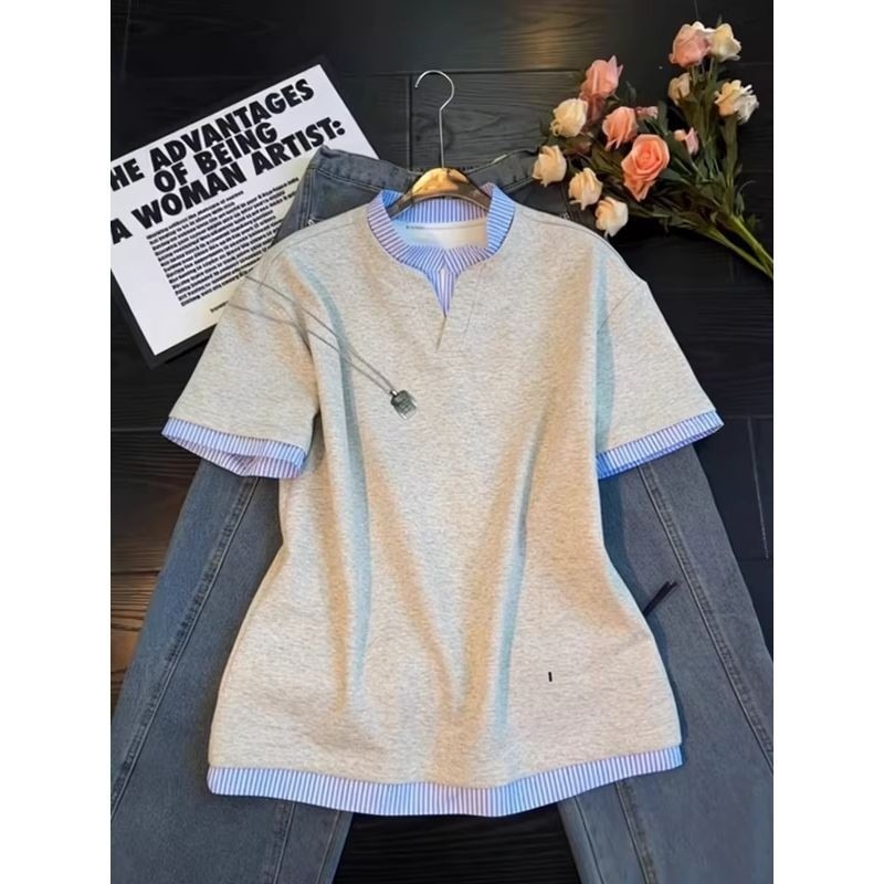 American Retro Style Fake Two-Piece Henry V-Neck Short-Sleeve T-Shirt for Men, Summer Patchwork High-End Polo Shirt, Casual Couple Half-Sleeve
