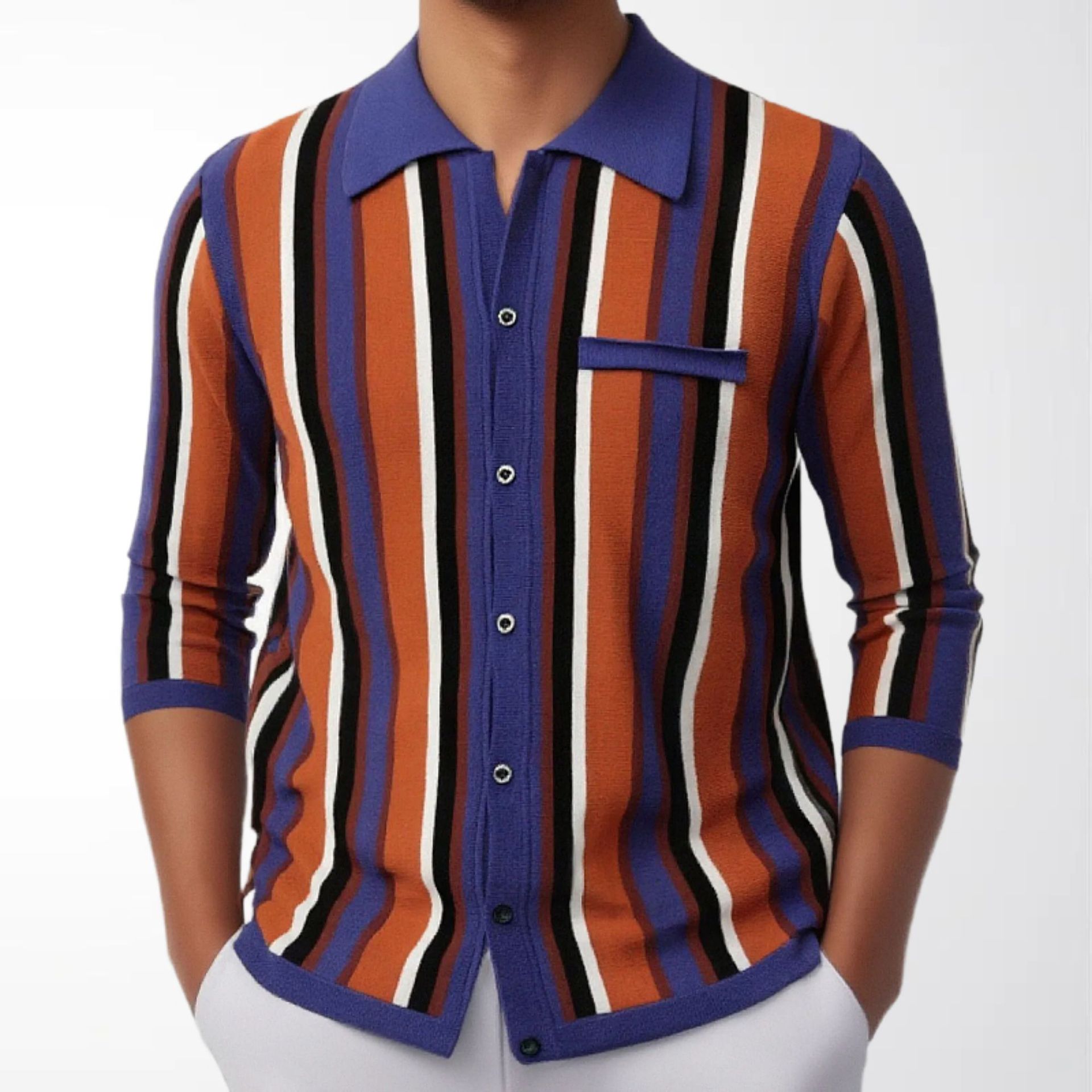 New Men's Striped Color-Block Knit Cardigan with Turn-Down Collar and Long Sleeves, Shirt-Style Top, Men's Clothing Factory Direct Wholesale Sy0150
