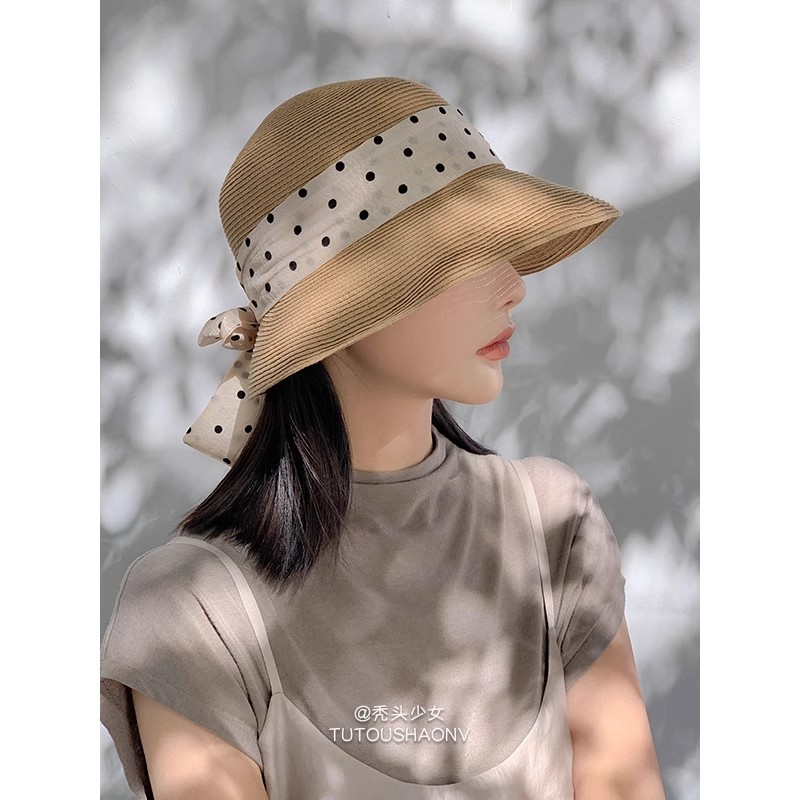 French Style Elegant Curled Straw Hat Women's Summer Outdoor Travel Polo Dot Bow Ribbon All-match Wide Brim Sunscreen Hat