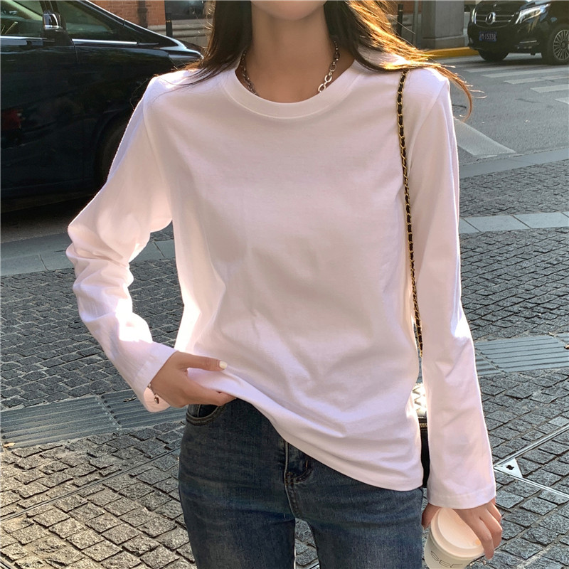 Pure Cotton Right Shoulder Long-Sleeved T-Shirt for Women, Pure Color Bottoming Shirt for Women, Lazy and Relaxed Inner Layering Round Neck Loose Top