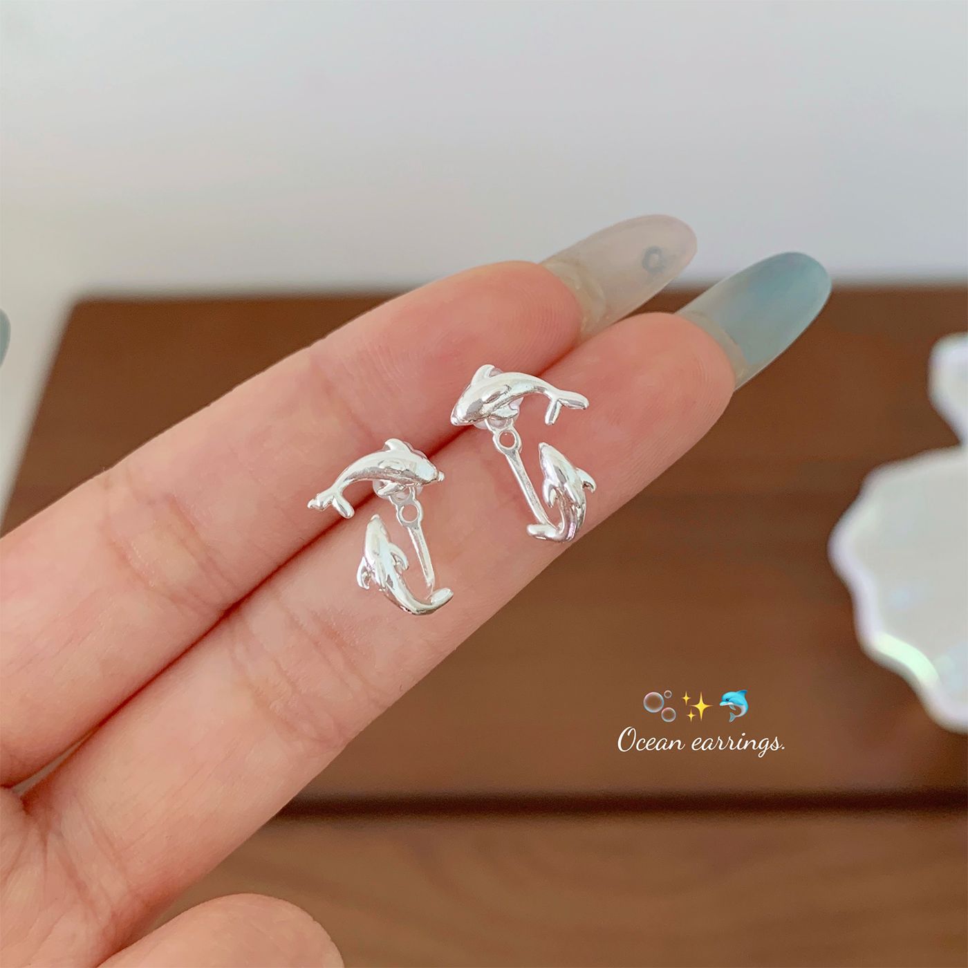 Summer Ocean Exquisite Dolphin Back-Hanging Double-Wear Earrings Women's Silver Needle Niche Design Holiday Style Earrings