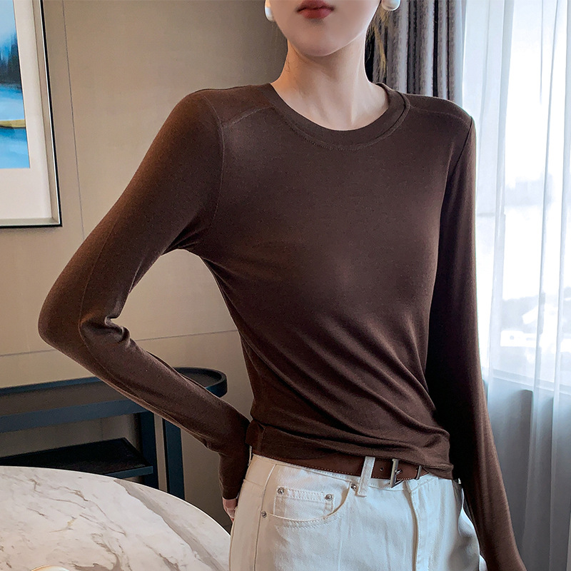 Spring New Style Tencel Wool Cashmere Blend Round Neck Long-Sleeved T-Shirt Simple and Versatile Pullover Knitted Bottoming Shirt for Women