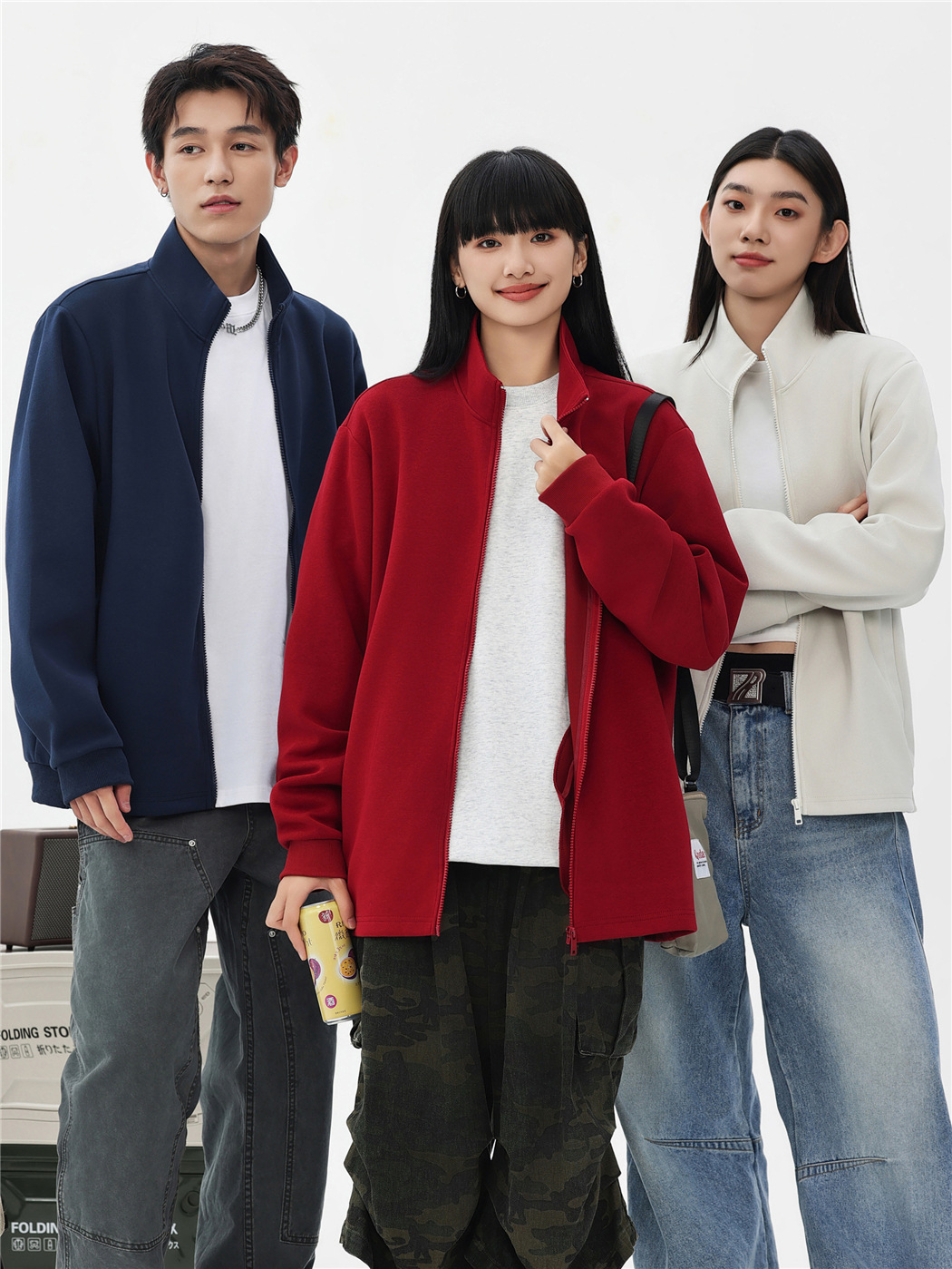 380 grams of heavy retro fashion cotton stand collar sweater zipper cardigan trendy male and female students class coat custom LOGO