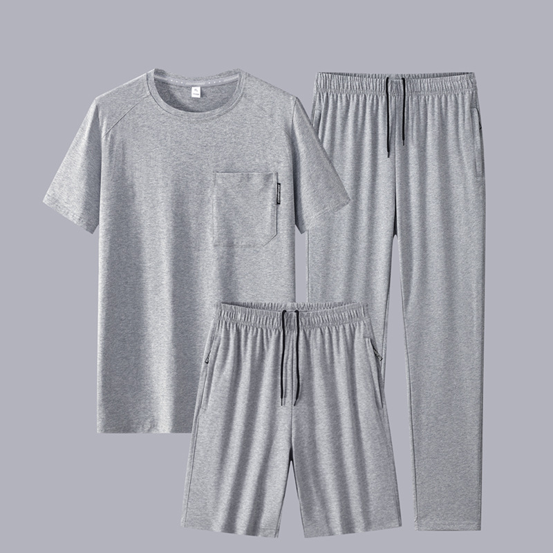 Dad's Summer Casual Suit for Men, Middle-Aged and Elderly Summer Clothing, Father's Day, Grandpa's Sports Cotton Short-Sleeved Shorts Three-Piece Set