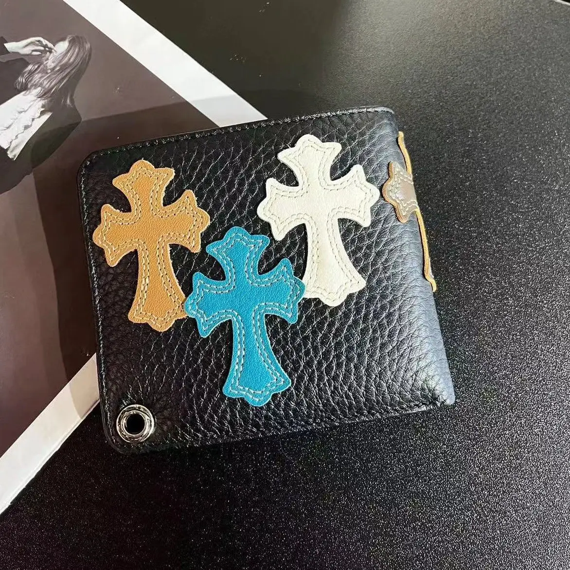 罗家头层牛皮十字架钱包复古风小众设计彩色贴皮一折卡包零钱包女