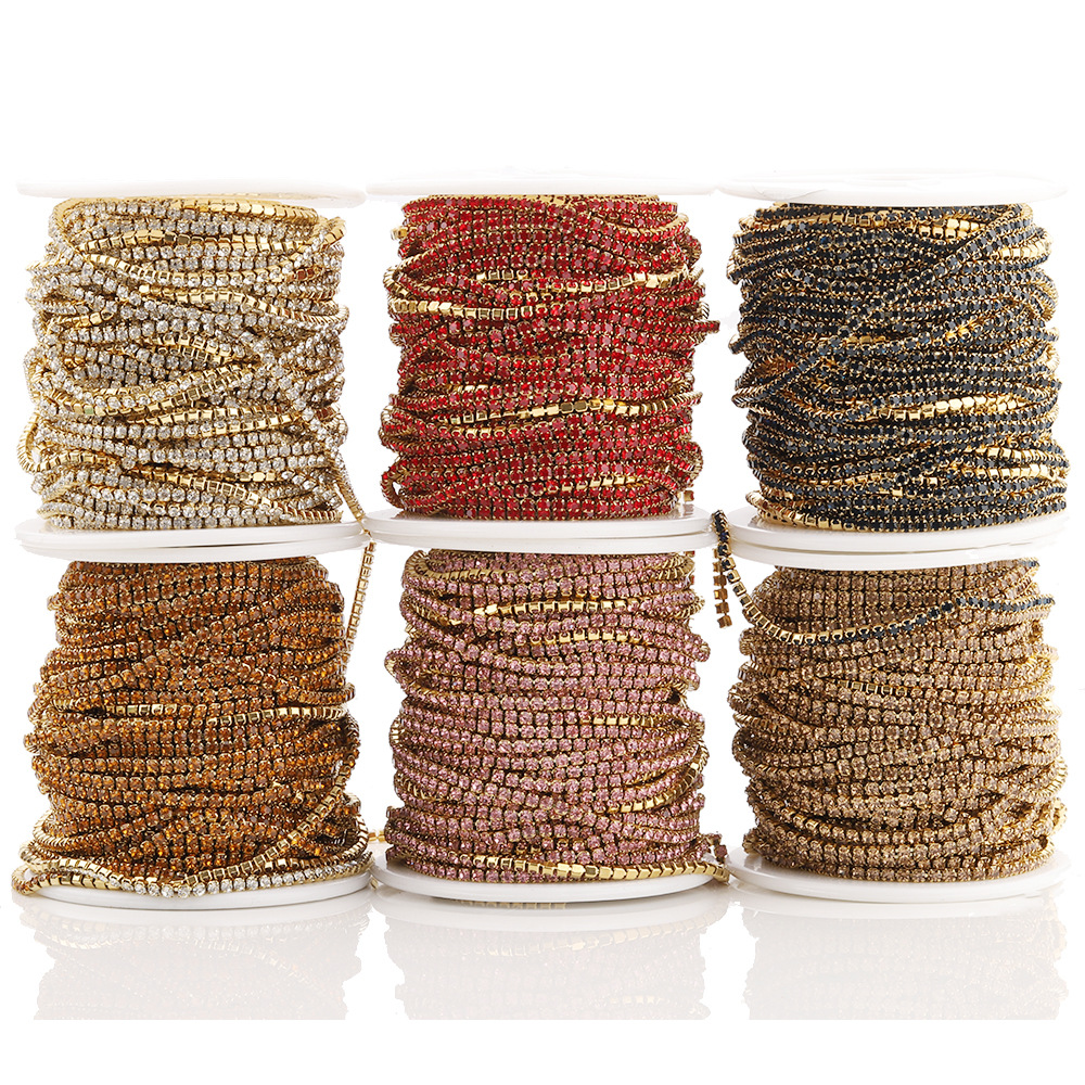 Color-preserving Stainless Steel Gold Bottom Colorful Diamond Chain 2mm Intensive Rhinestone Claw Diamond Chain DIY Clothing Body Chain Decorative Chain