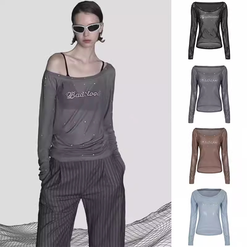 Korean Badblood Bcac Series Pure Desire Sexy T-Shirt Feminine One-Shoulder Hot Diamond Mesh Long-Sleeved Top