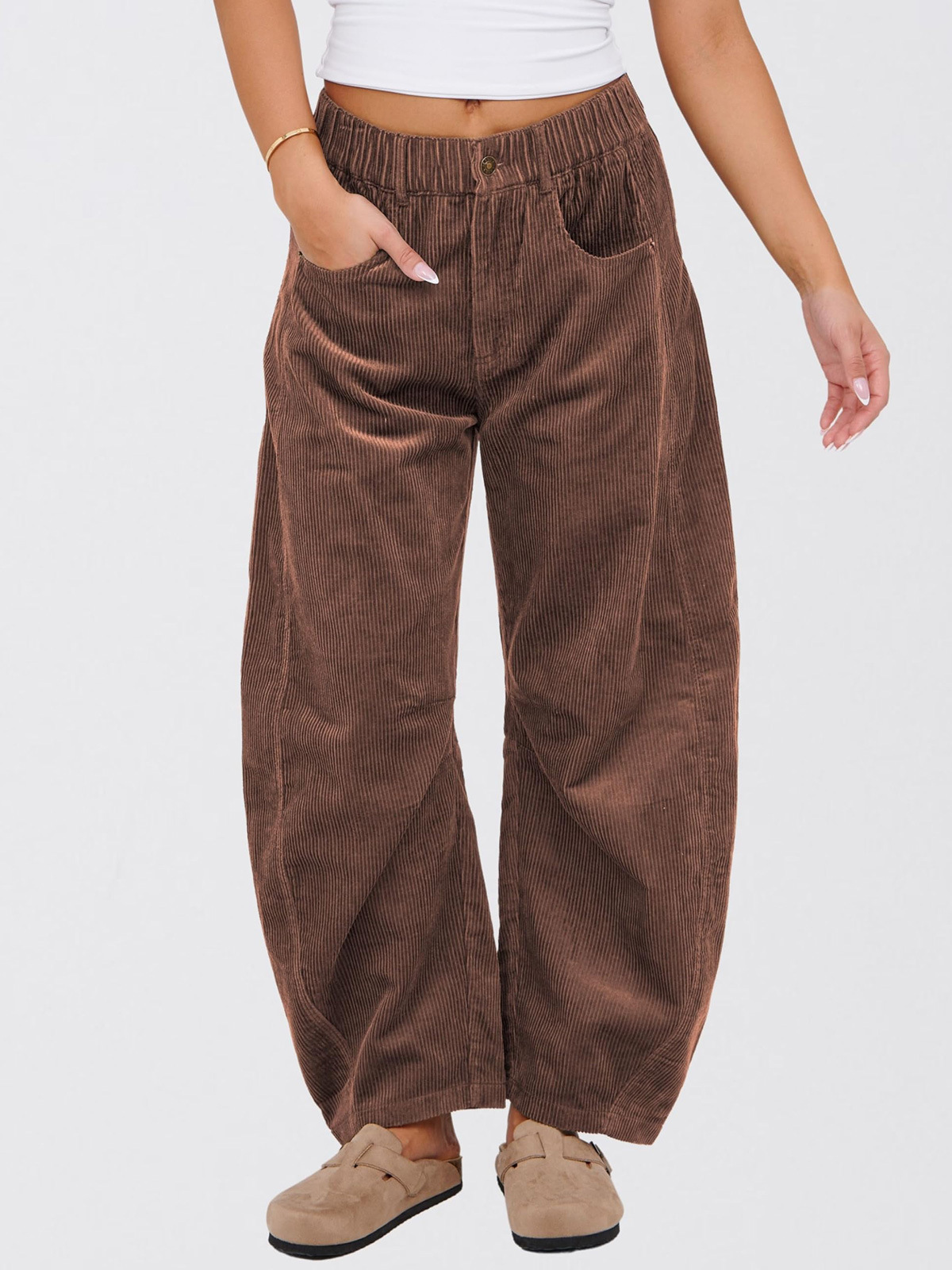2024 Amazon Autumn New Women's High Waist Casual Pants European and American Solid Color Corduroy Loose Straight Pants Women