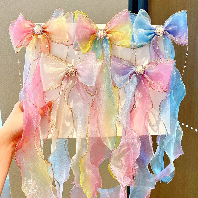 Internet Celebrant Japanese and Korean Colorful Frozen Long Ribbon Hair Bow Gradient Hairpin Girl Princess Super Fairy Hairpin