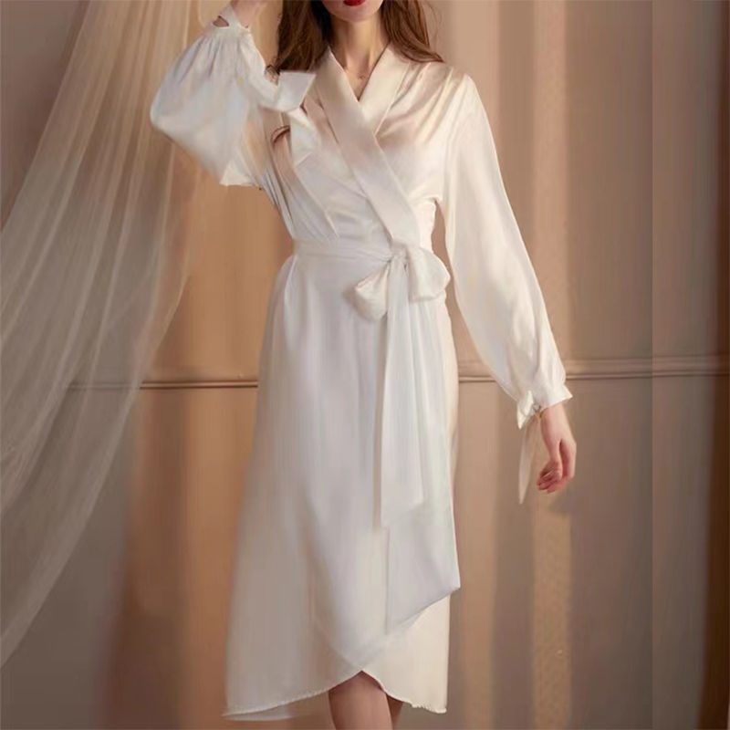 Bridal Morning Gown Women's Long Ice Silk Thick Nightgown Dress Female Bridesmaid Unity Wedding Kimono Hotel Style Makeup Morning Gown